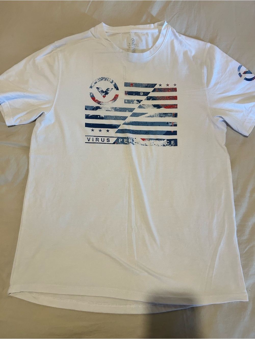 Virus White Short Sleeve Tee with Distressed Red & Blue Flag Graphic